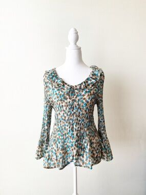 Allison Taylor Blue & Brown Ruffled Button-Front Blouse Size L